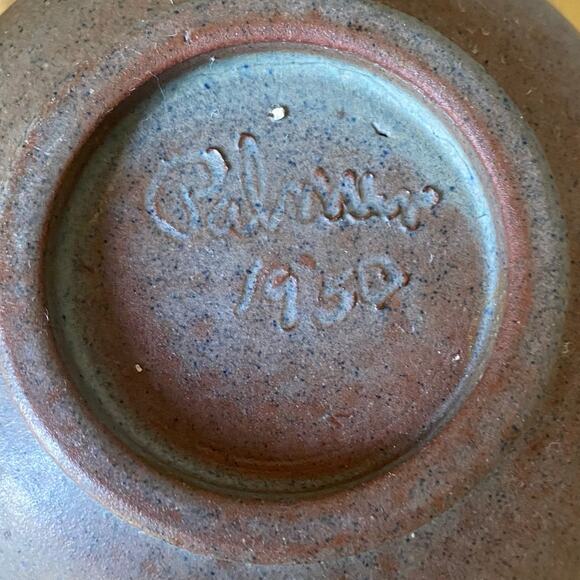 Mid Century Modern Pottery Bowl Artist Signed Palmer 1950 Matte Brown Speckled - Picture 8 of 9